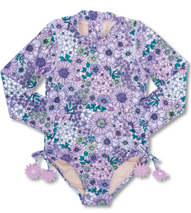 Mod Purple Floral Girls One Piece Long Sleeve Swimsuit