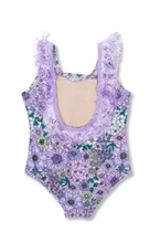 Load image into Gallery viewer, Mod Purple Floral Fringe Back Girls One Piece Swimsuit

