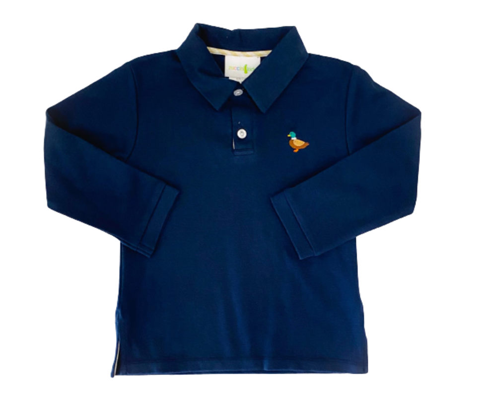 Mallard Embroidered Navy Long Sleeve Polo Shirt