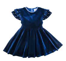 Load image into Gallery viewer, Navy Stretch Velvet Dress With Flowers And Pearls
