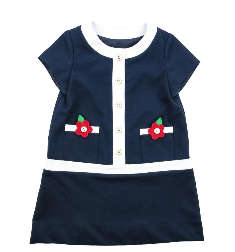 Navy Ponte Knit Dress With Flowers