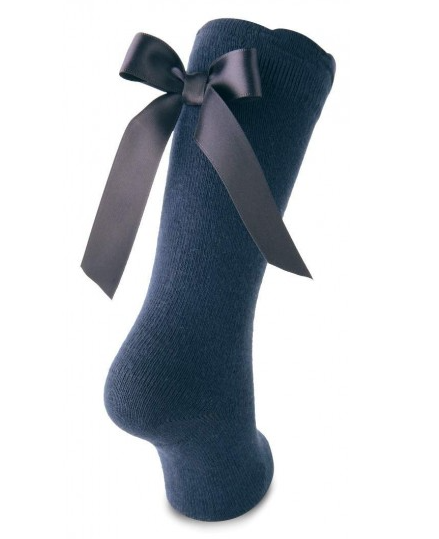 Cotton Knee High Socks With Bow In Back - Navy