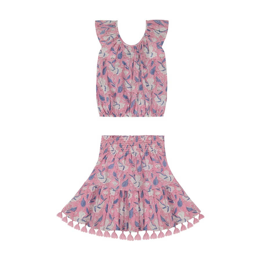 Ondine Smocked Top And Skirt Set - Pink And Blue Floral