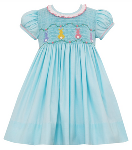 Soft Aqua Dress With Cottontails Smocking