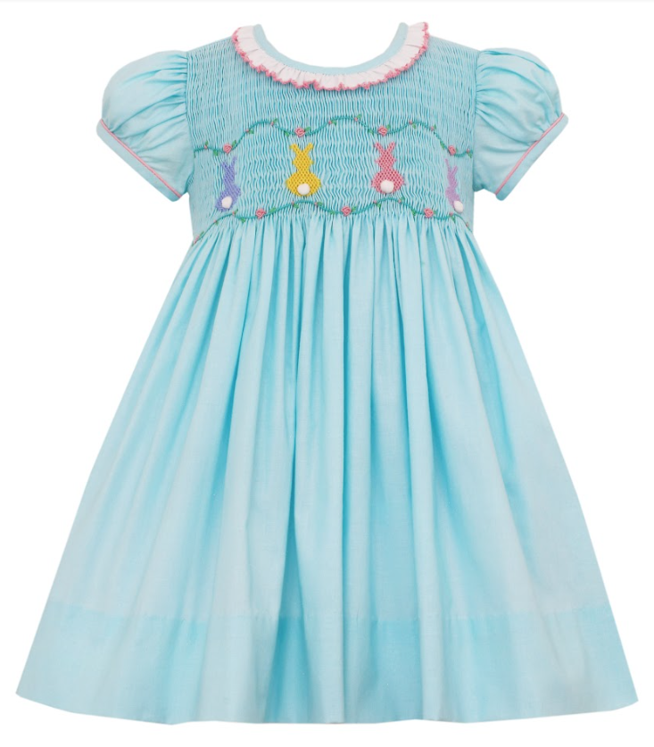 Soft Aqua Dress With Cottontails Smocking