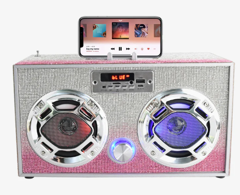 Pink Bling Retro Bluetooth Boombox with LED Lights Phone Holder
