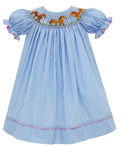 Blue Gingham Bishop With Ponies Smocking