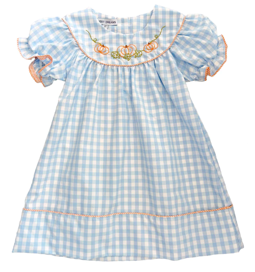 Blue Gingham Pumpkin Embroidered Dress