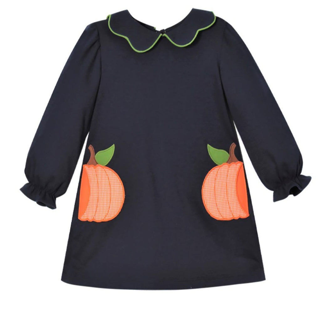 Pumpkin Applique Long Sleeve Navy Dress With Pockets