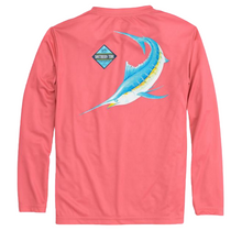 Load image into Gallery viewer, Red Long Sleeve Blue Fish Performance T-Shirt

