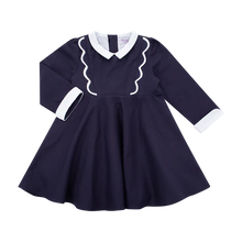 Load image into Gallery viewer, Navy Twill Alyssa Organic Long Sleeved Dress With Scalloped Bib
