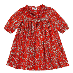 Rosie Red Floral Ruffle Neck Smocked Dress