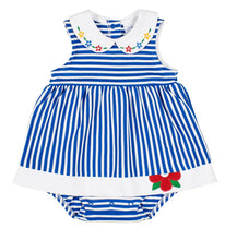 Load image into Gallery viewer, Royal Stripe Knit Romper with Flowers
