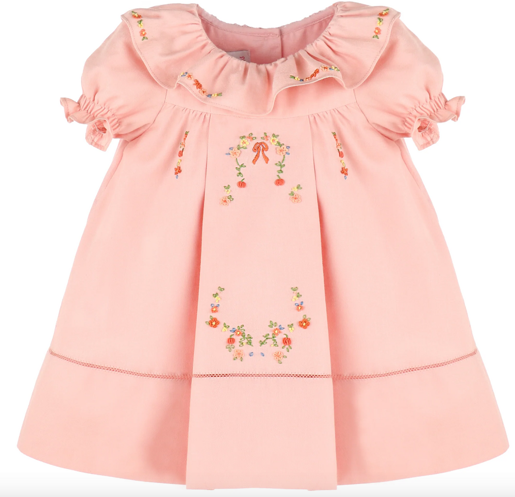 Peach Embroidered Ruffle Collar Dress