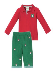 Santa Embroidered Green Corduroy Pants With Red Polo