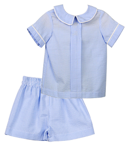 Blue Check Pleated Shirt with Shorts