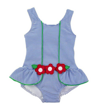 Load image into Gallery viewer, Stripe Seersucker Swimsuit With Flowers
