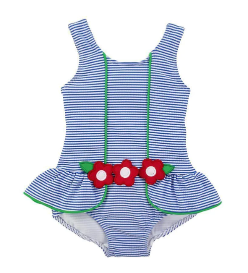 Stripe Seersucker Swimsuit With Flowers