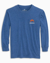 Load image into Gallery viewer, Heather Blue Skipjack Outline Sunset T-Shirt
