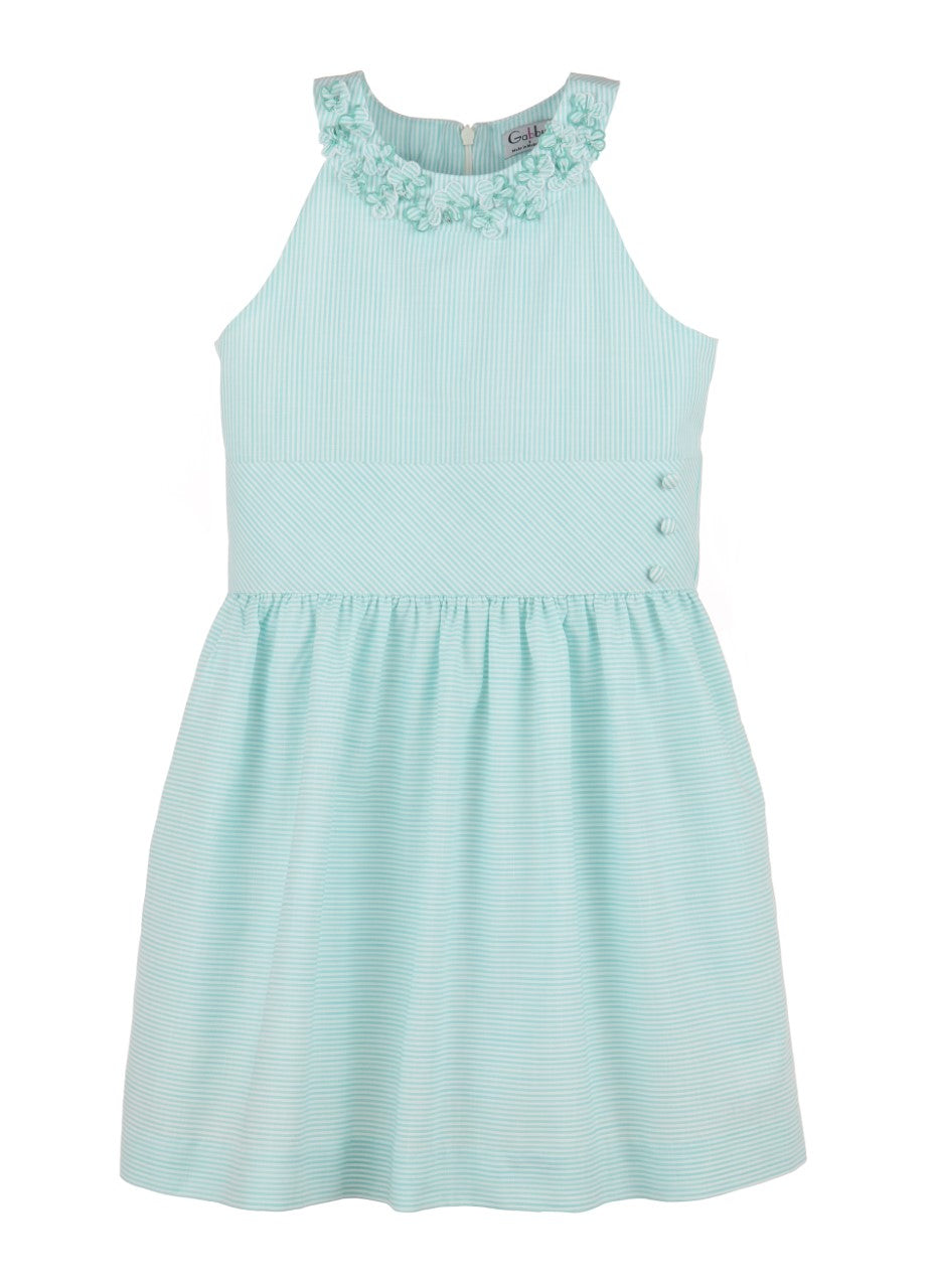 Aqua Stripe Kathering Dress With Floral Neckline