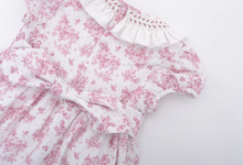 Load image into Gallery viewer, Red Toile Thais Short Sleeved Dress With Smocked Collar
