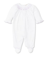 Load image into Gallery viewer, CLB Summer Bishop Smocked Footie - White with Lilac
