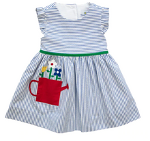 Load image into Gallery viewer, Blue And White Seersucker Dress With Watering Can
