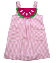 Load image into Gallery viewer, Pink Seersucker Dress With Watermelon
