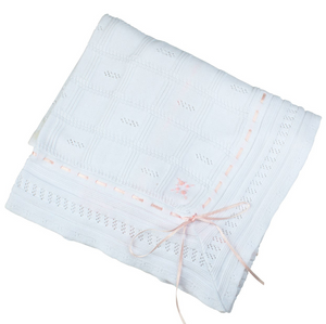 Ribbon Pointelle Knit Blanket - White/Pink