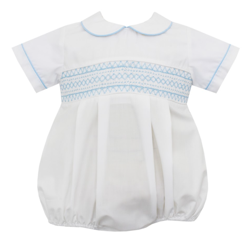 Robert Boys Bubble - White Poplin With Blue Smocking