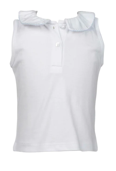 White With Blue Trim Ruffled Peter Pan Pima Sleeveless Shirt