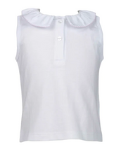 Load image into Gallery viewer, White With Pink Trim Ruffled Peter Pan Pima Sleeveless Shirt
